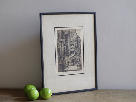 Framed Belgian etching titled Le Calvaire Anvers signed by G Contryn
