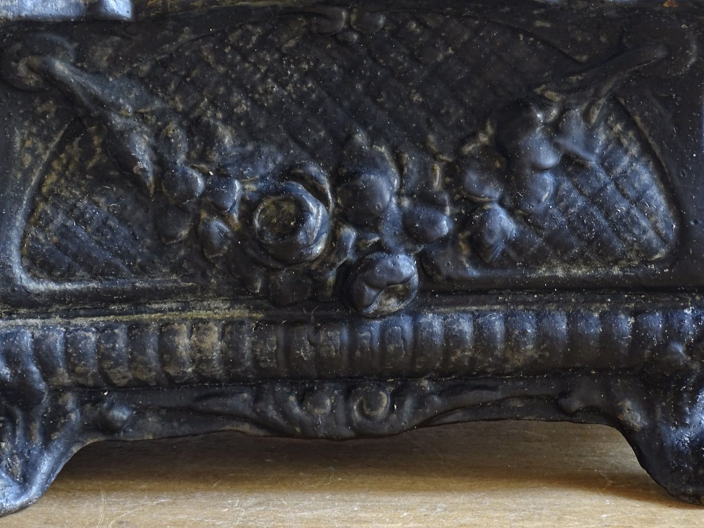 French antique planter with floral garland panel in cast iron