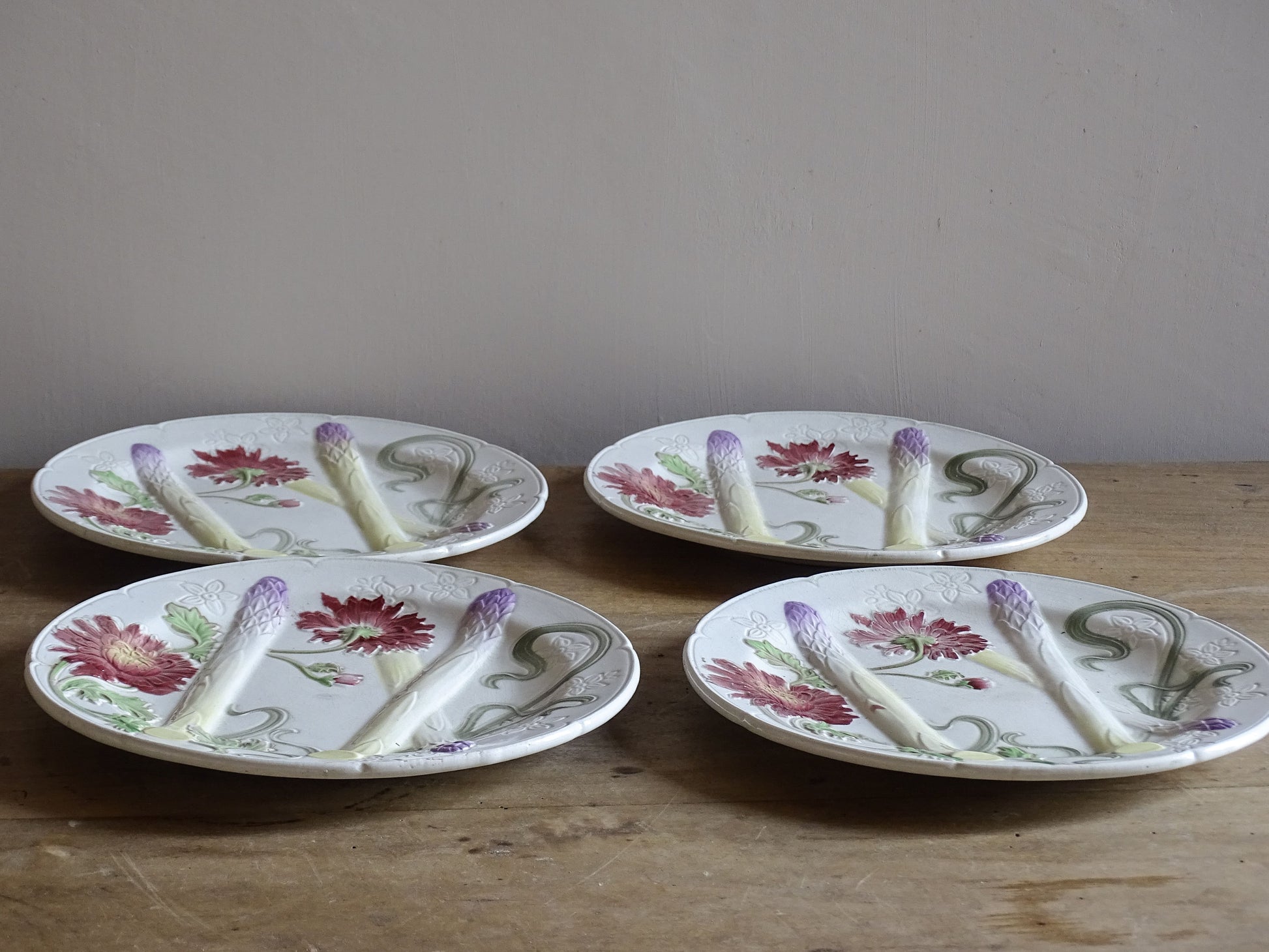 French Art Nouveau asparagus serving plate with purple asparagus spears