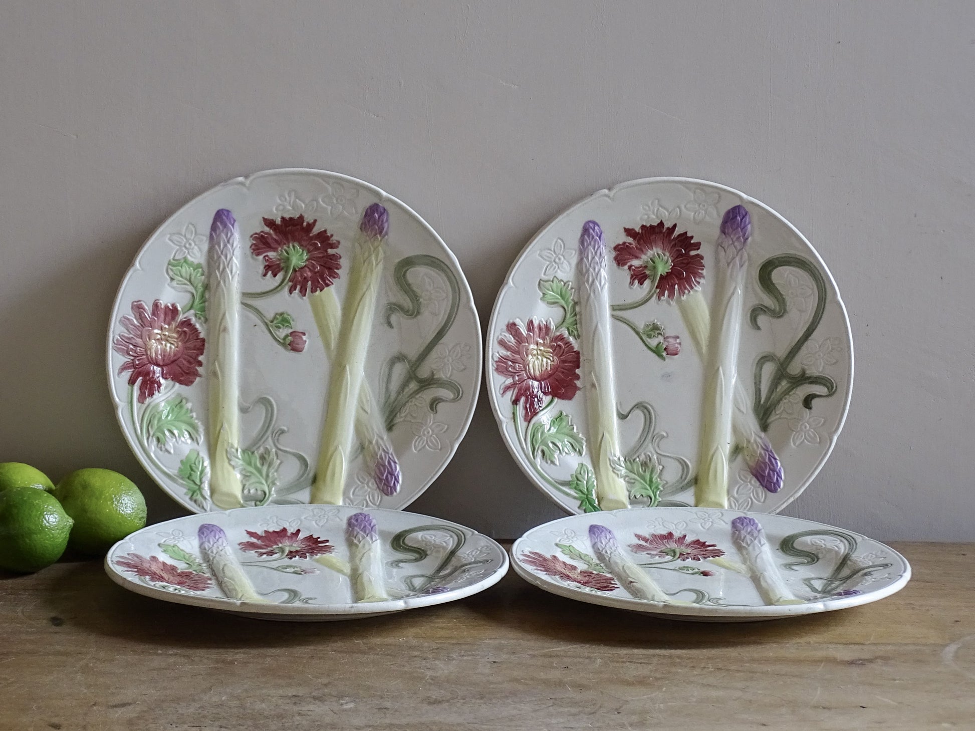 Set of four antique French barbotine asparagus plates by Saint Clément