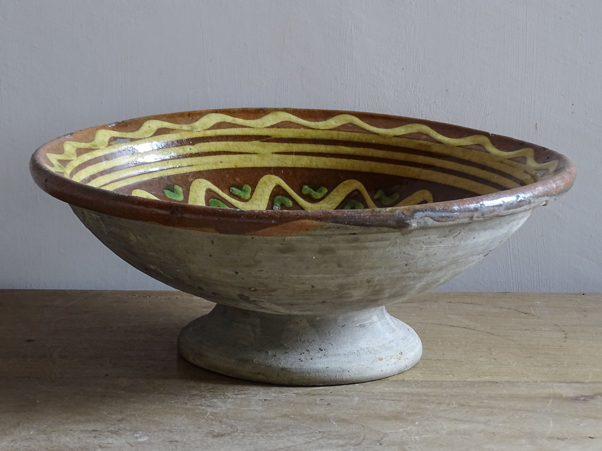 French antique provincial pottery pedestal bowl for country interiors