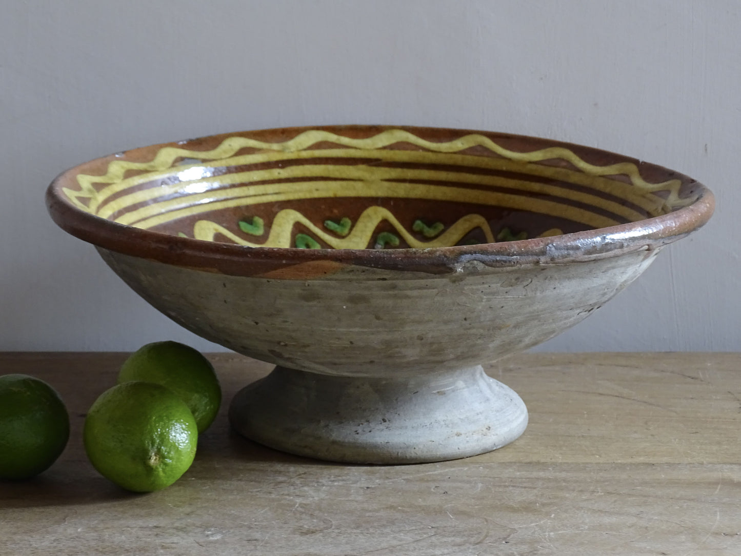 Large French Savoyard antique glazed earthenware pedestal bowl