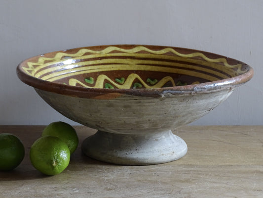 Large French Savoyard antique glazed earthenware pedestal bowl