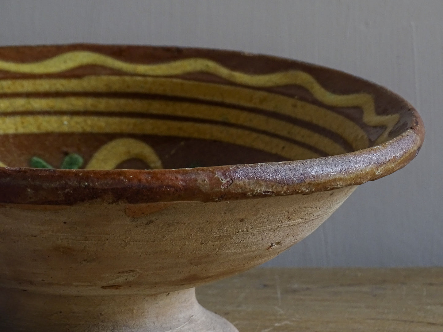 Rustic French provincial earthenware pedestal bowl with hand-painted decoration