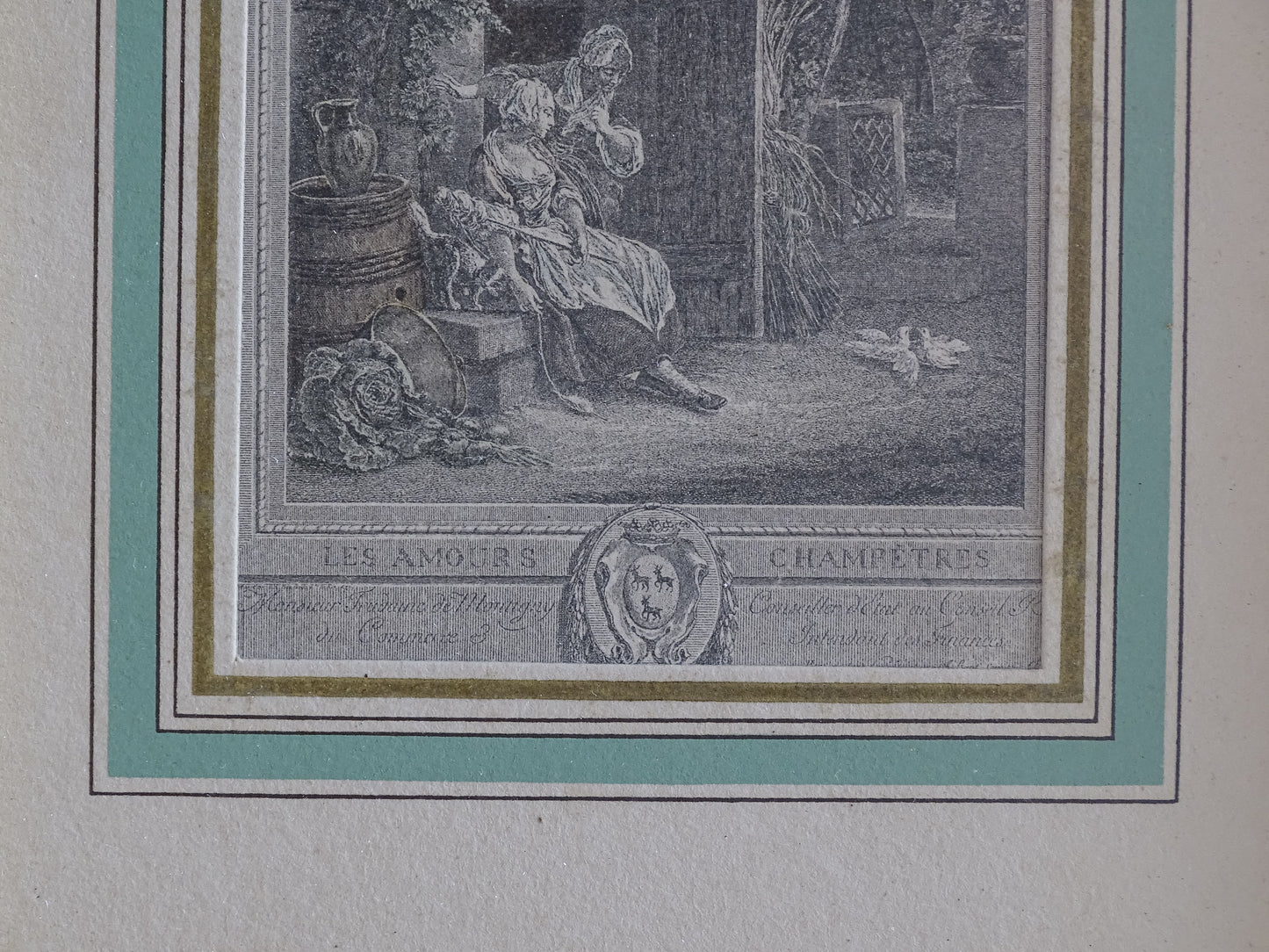 Antique French Rococo engraving after Baudouin with rural romantic scene