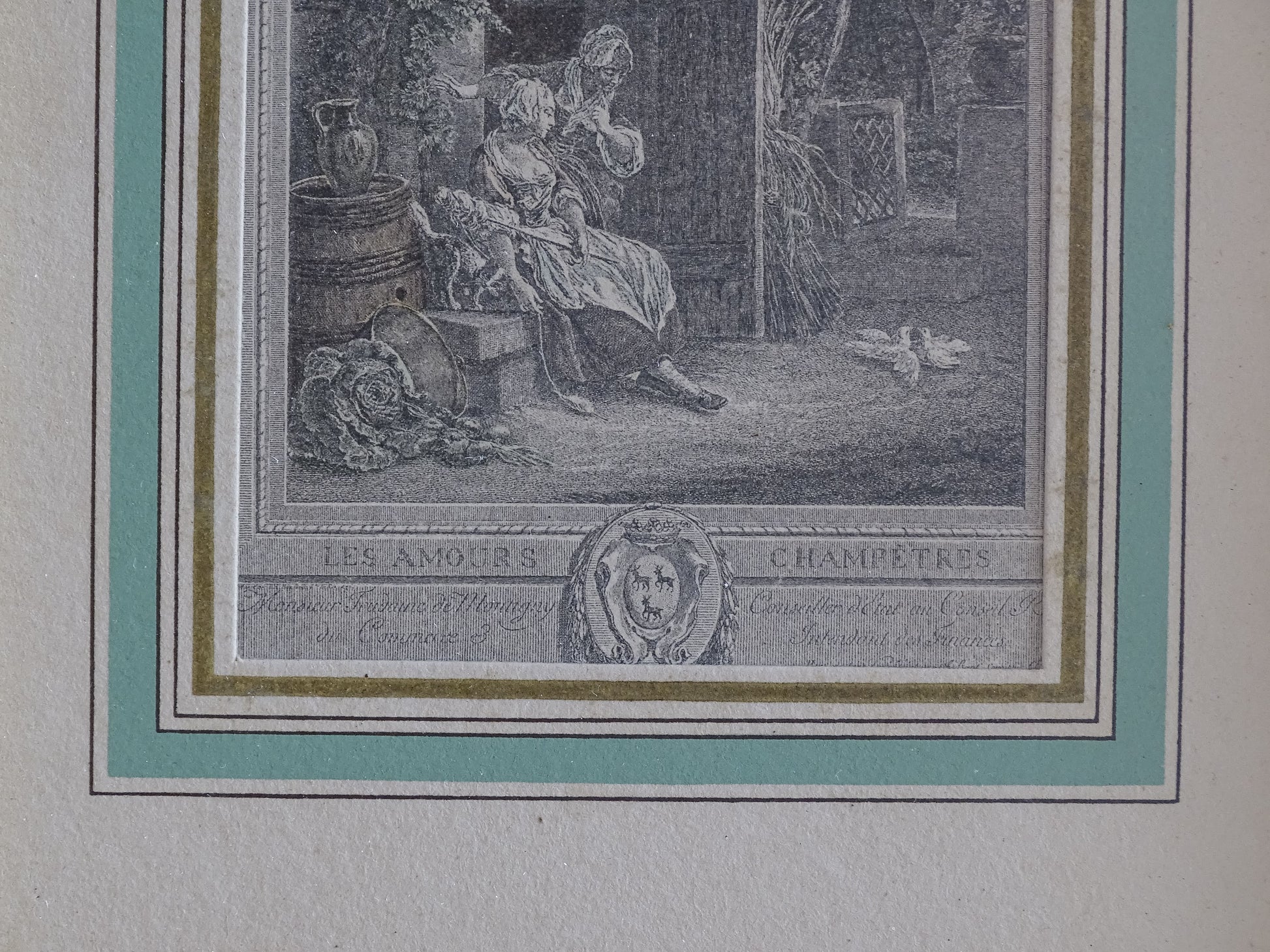 Antique French Rococo engraving after Baudouin with rural romantic scene