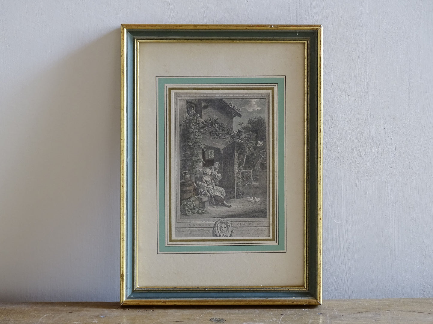 19th century French wall art engraving of pastoral cottage scene