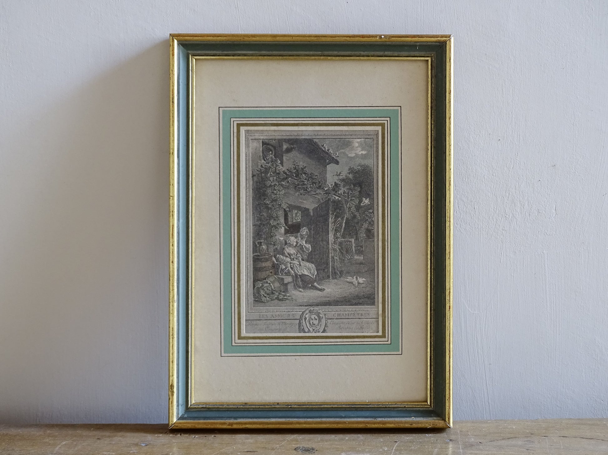19th century French wall art engraving of pastoral cottage scene