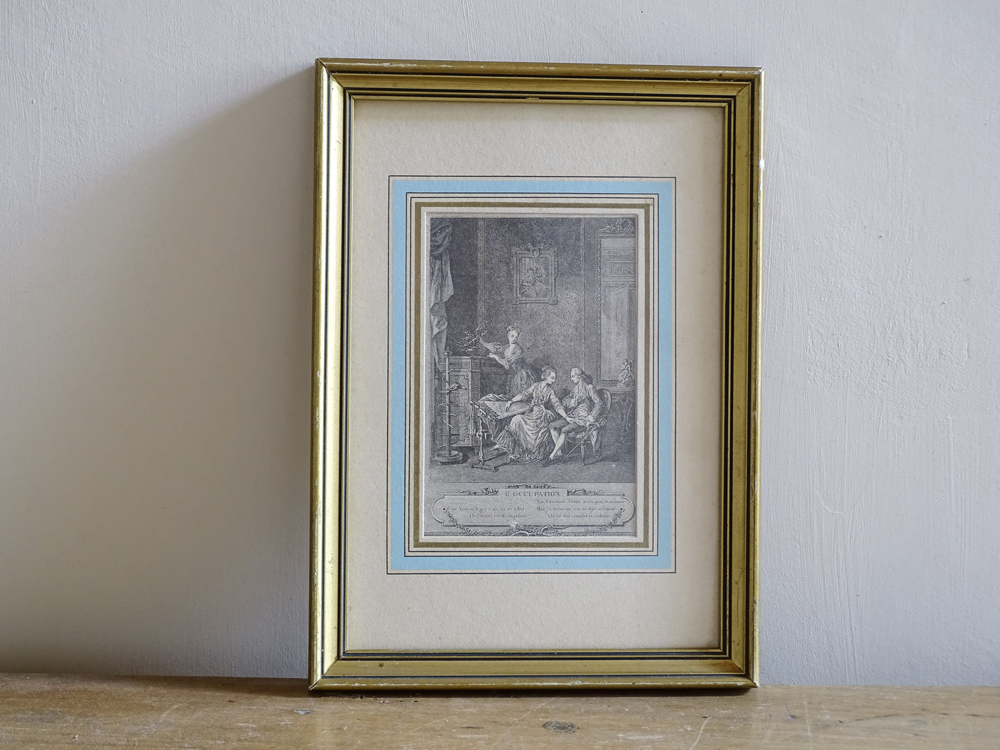 Framed 19th century French romantic interior engraving with elegant figures