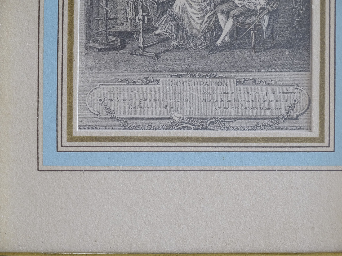 French antique monochrome engraving with gilt frame and decorative mount