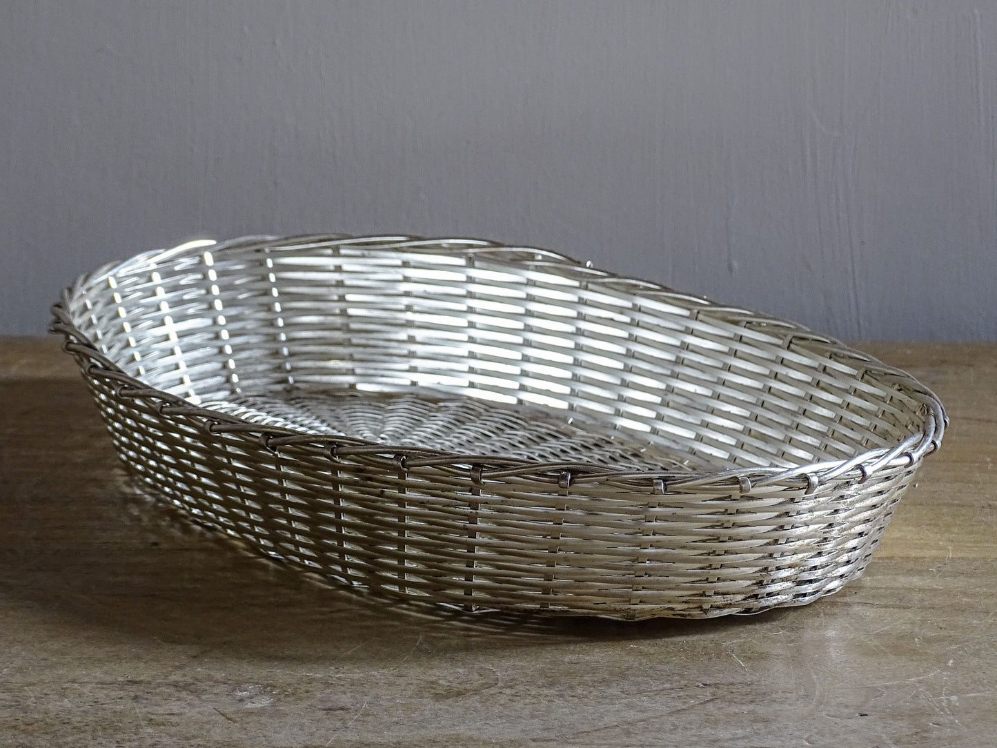 French Vintage Silver Wire Basket with Oval Shape 10.8"