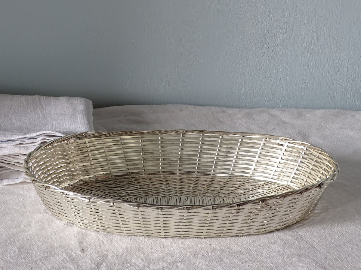 french vintage woven metal basket in silvered tone for tableware