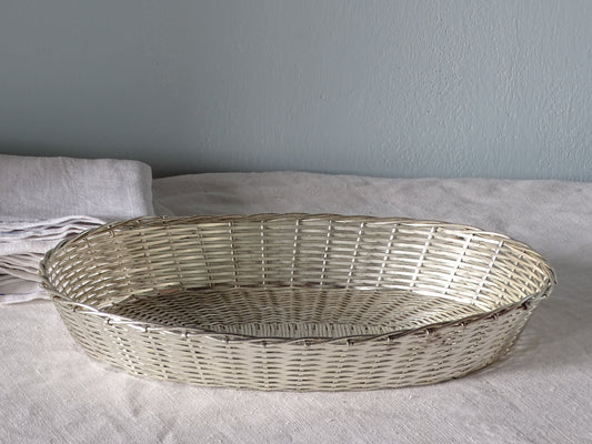 french vintage woven metal basket in silvered tone for tableware