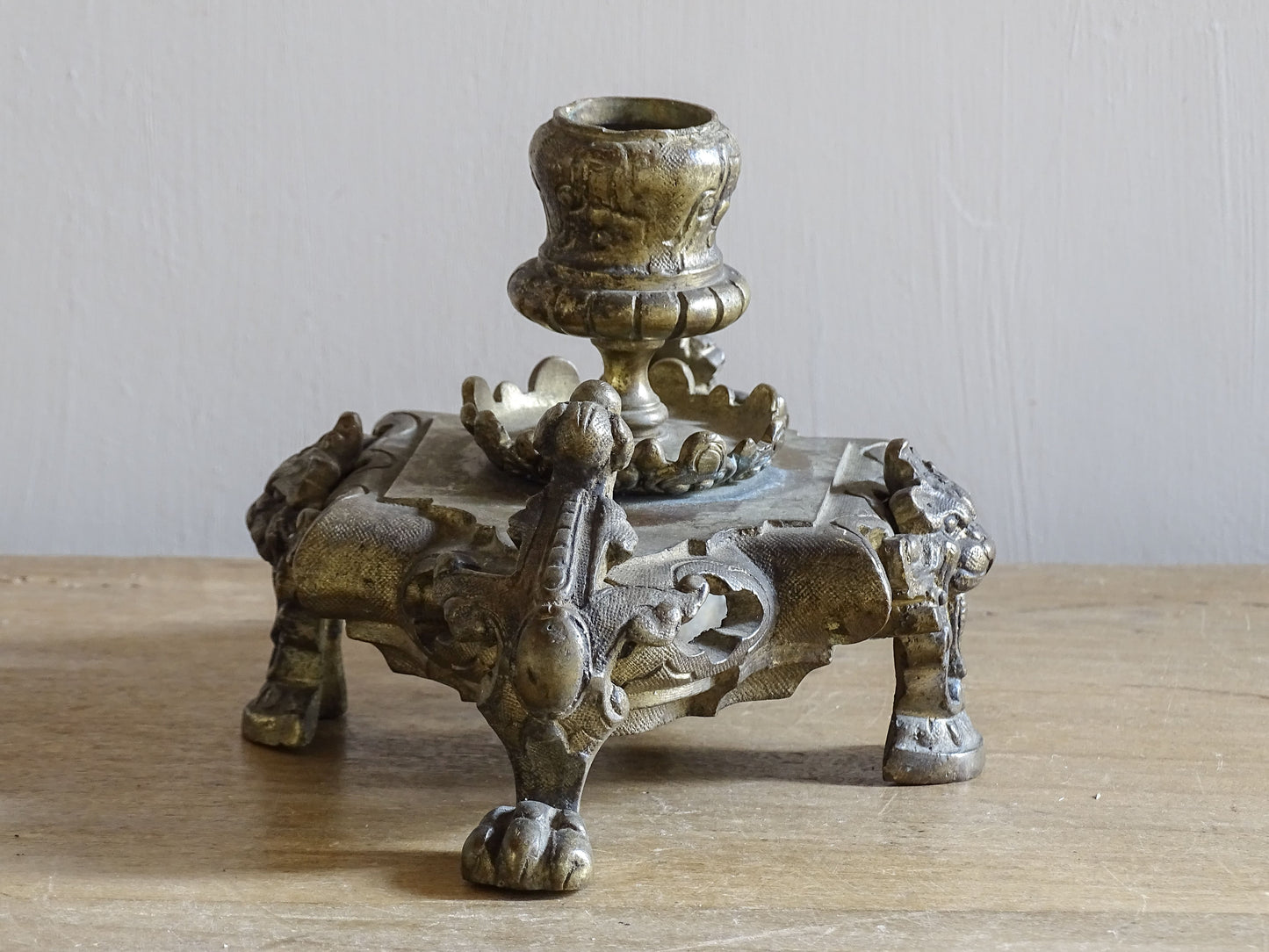 Antique French gilt metal Rococo style candlestick base with pierced detailing
