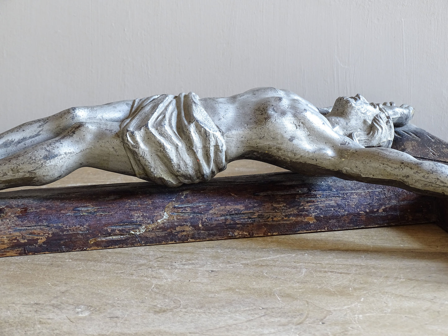 19th century French devotional wall crucifix with rustic carved faux bois cross