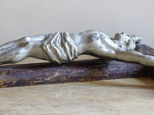 19th century French devotional wall crucifix with rustic carved faux bois cross