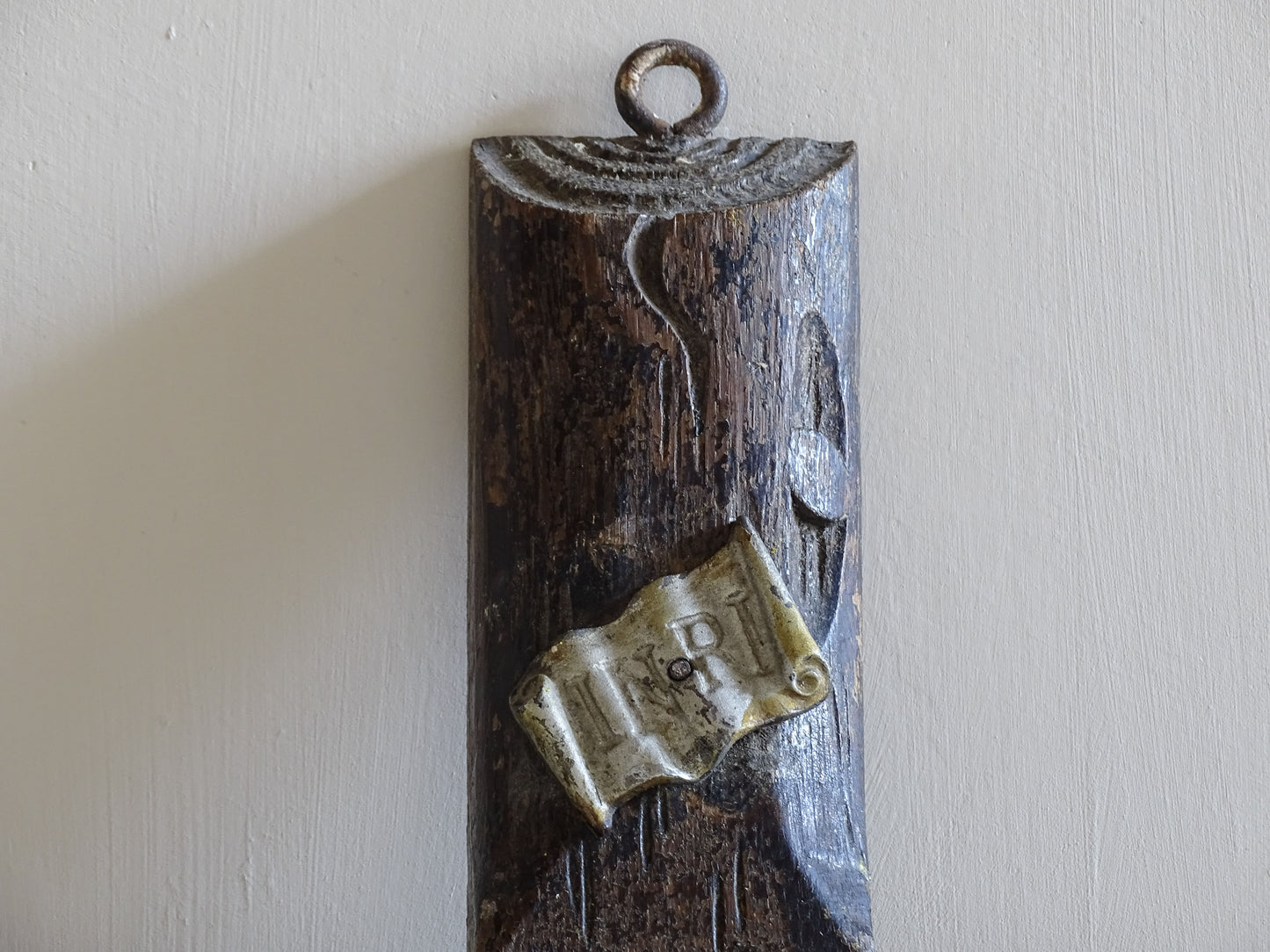 Large rustic French antique wall crucifix with aged silvered corpus