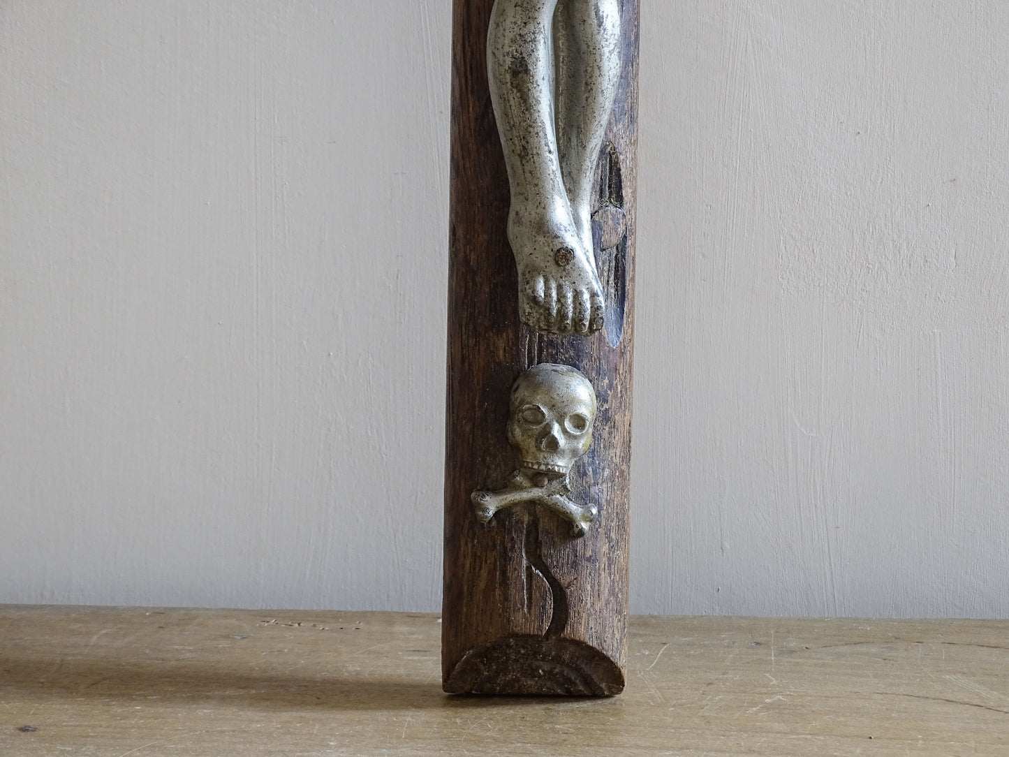 French antique devotional cross with carved wooden faux bois detailing