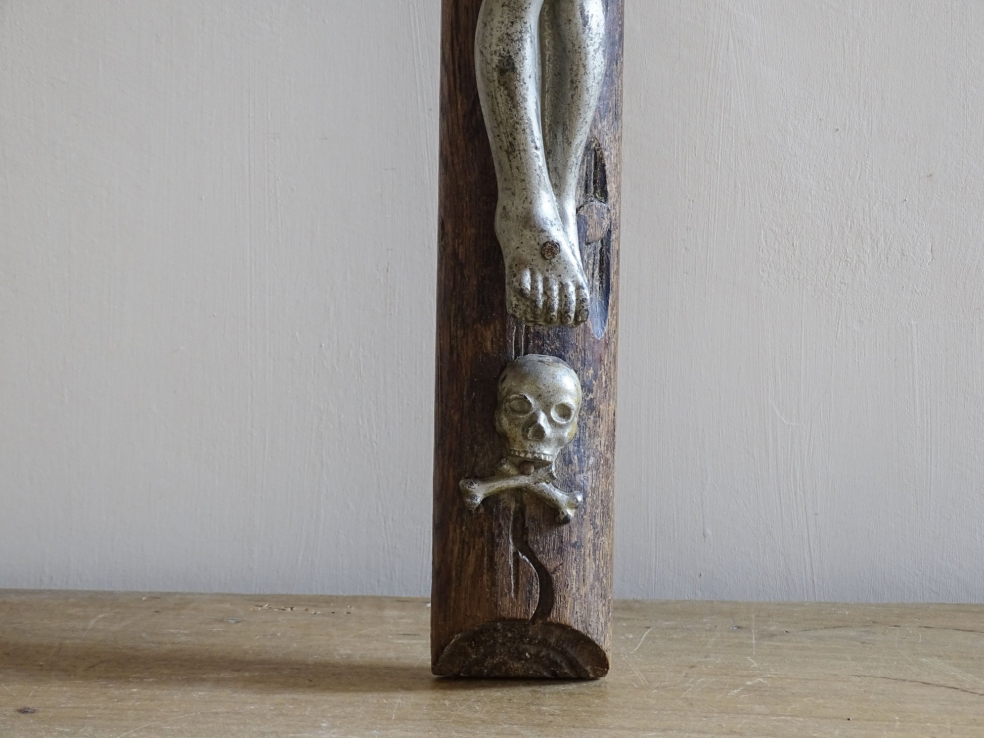 French antique devotional cross with carved wooden faux bois detailing