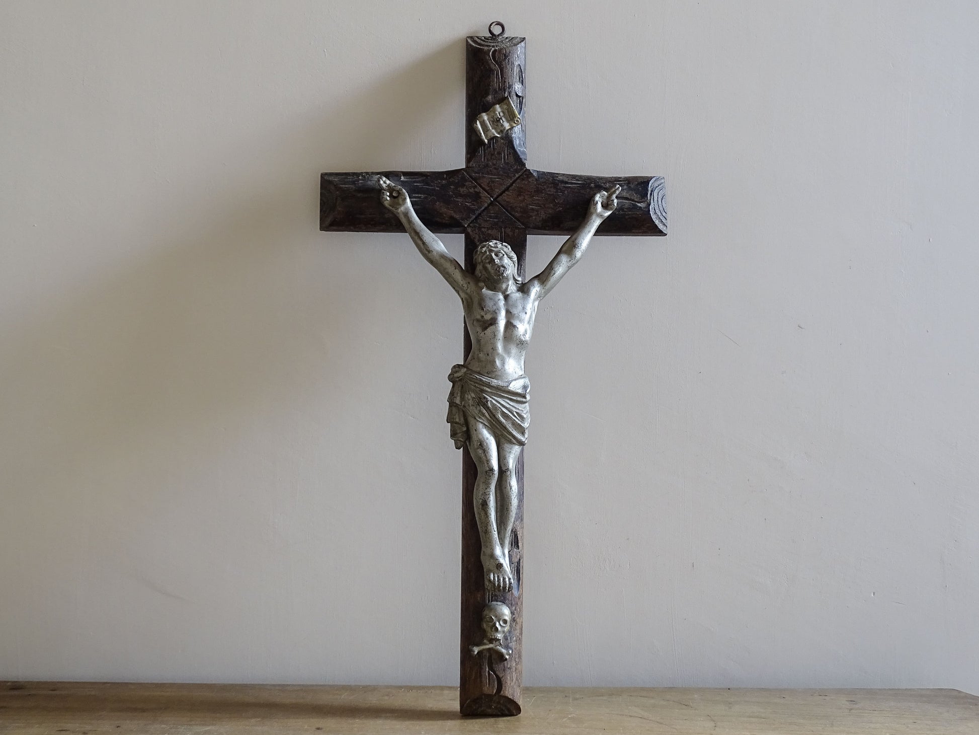 Late 19th century French crucifix with silver-toned metal corpus and INRI plaque