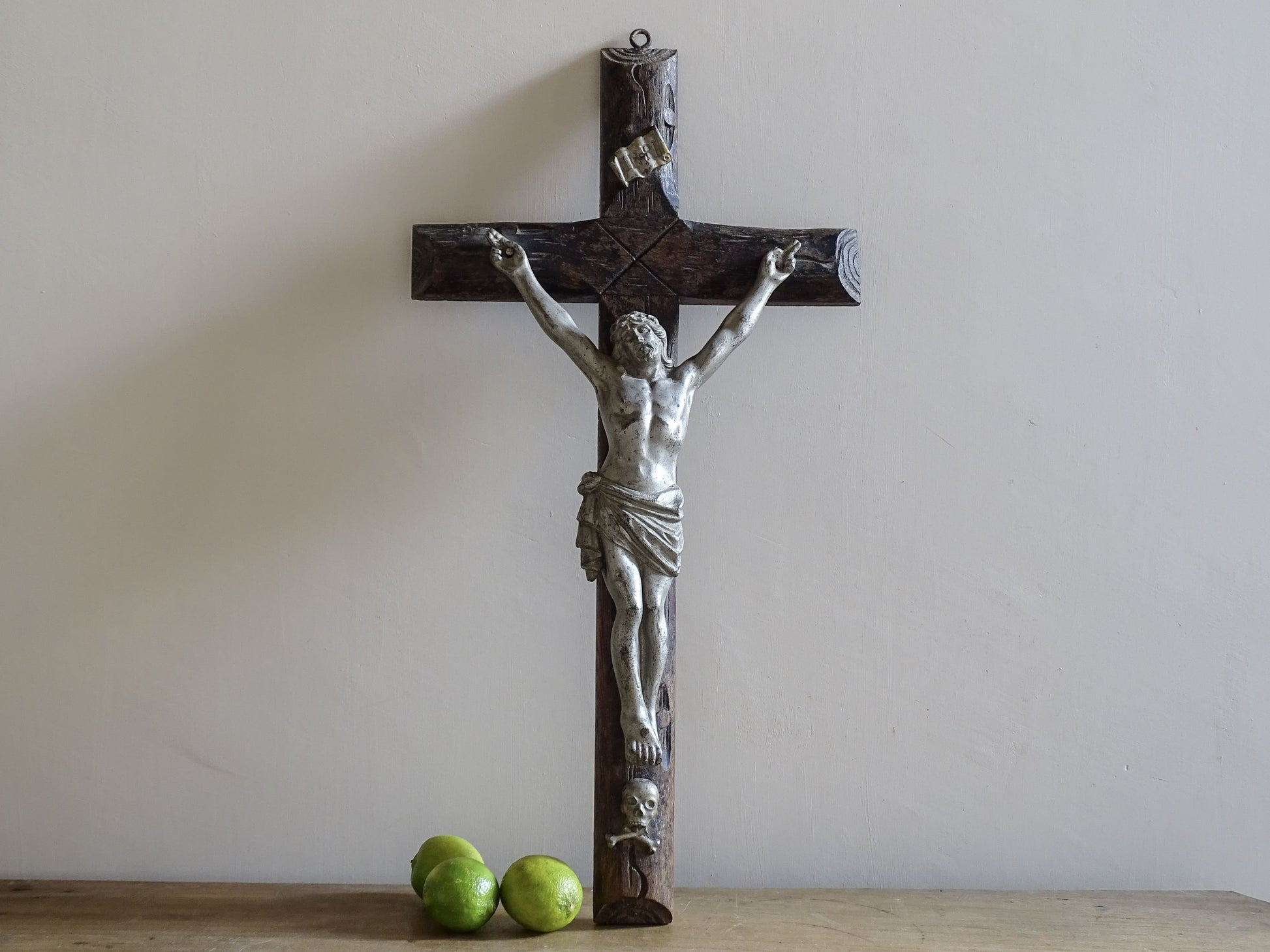 Large French antique faux bois crucifix with silvered metal corpus on carved wooden cross