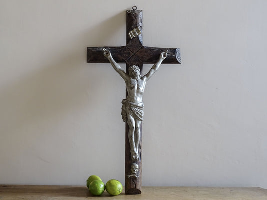 Large French antique faux bois crucifix with silvered metal corpus on carved wooden cross
