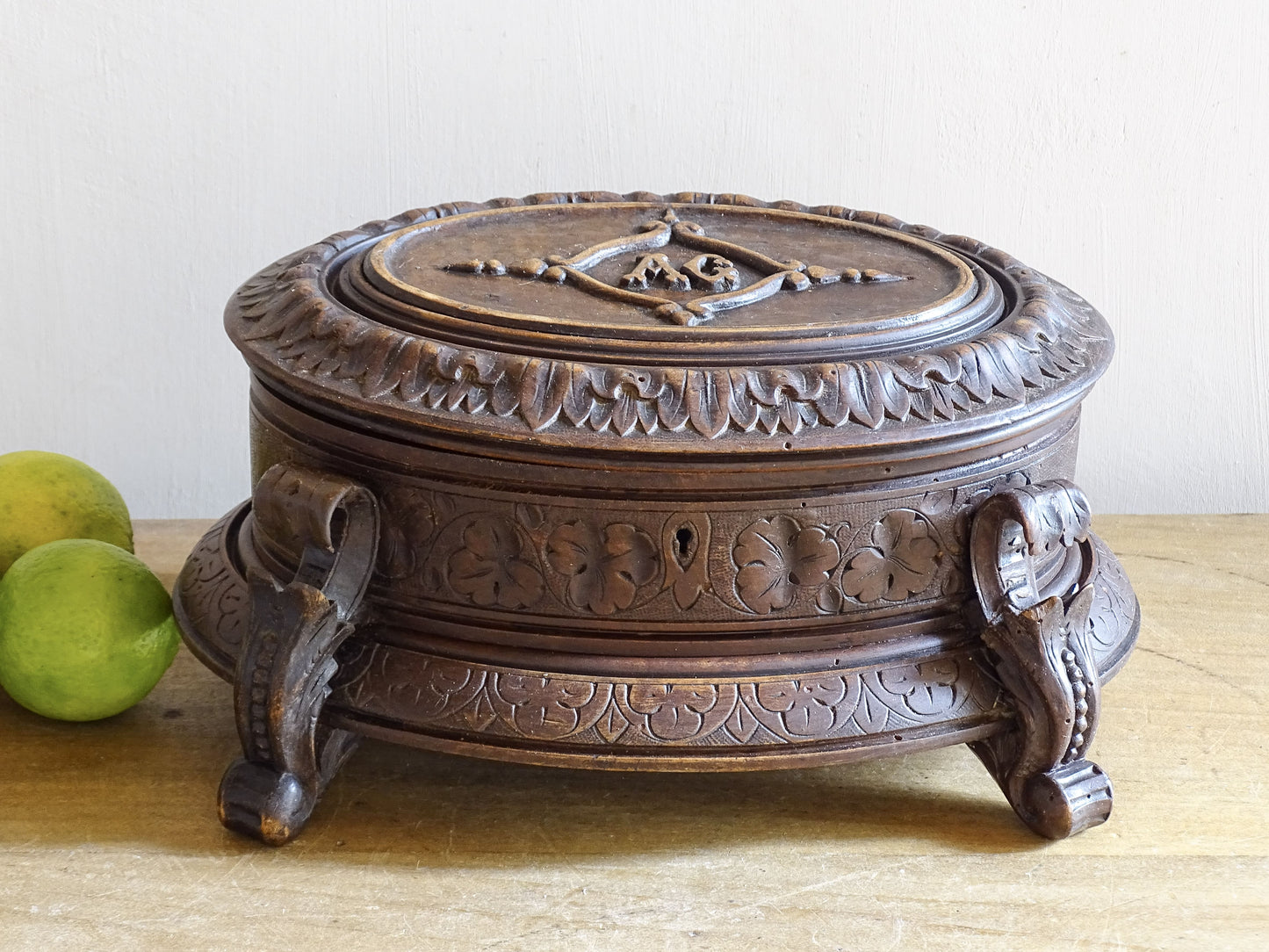 19th century Swiss Black Forest carved wooden jewellery casket