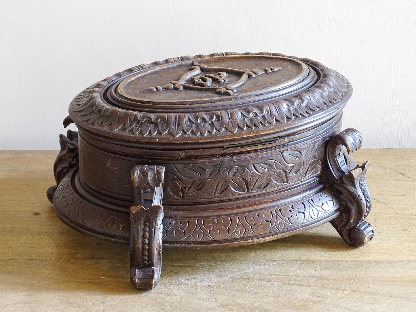 Swiss Black Forest antique keepsake box with dark wood patina