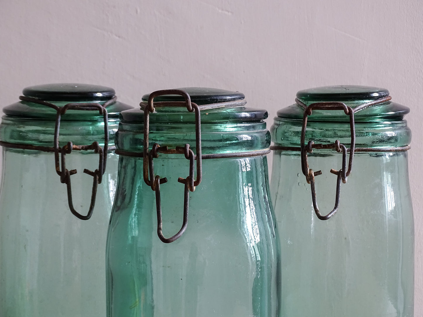 French vintage blue green glass kitchen storage jars with original lids