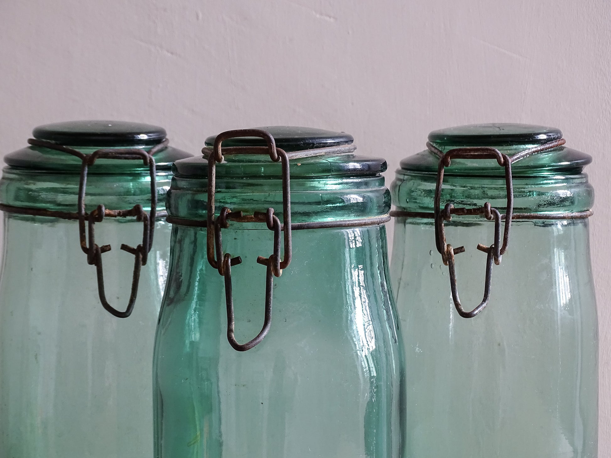 French vintage blue green glass kitchen storage jars with original lids