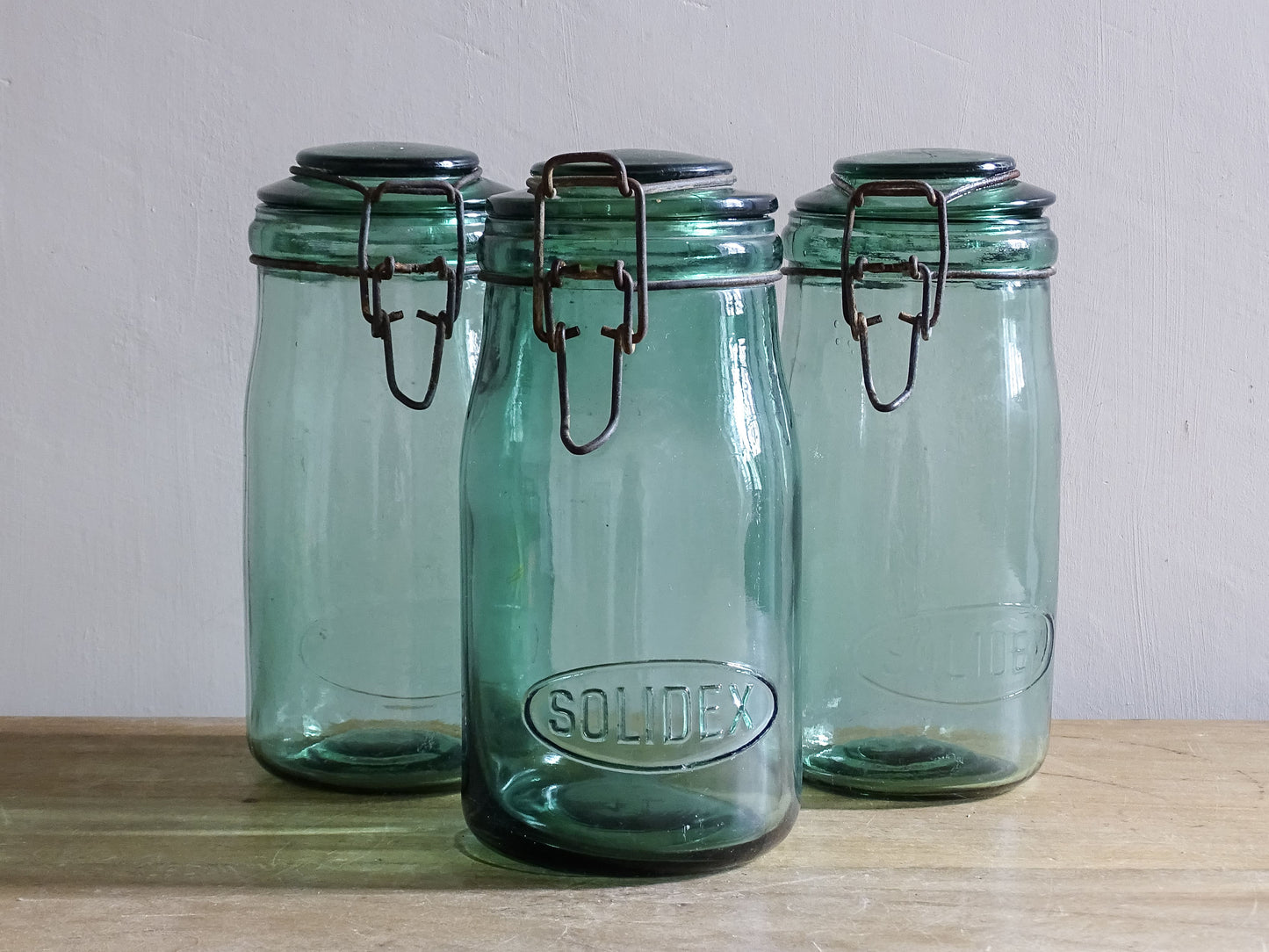 Mid century French SOLIDEX glass preserving jars on wooden table