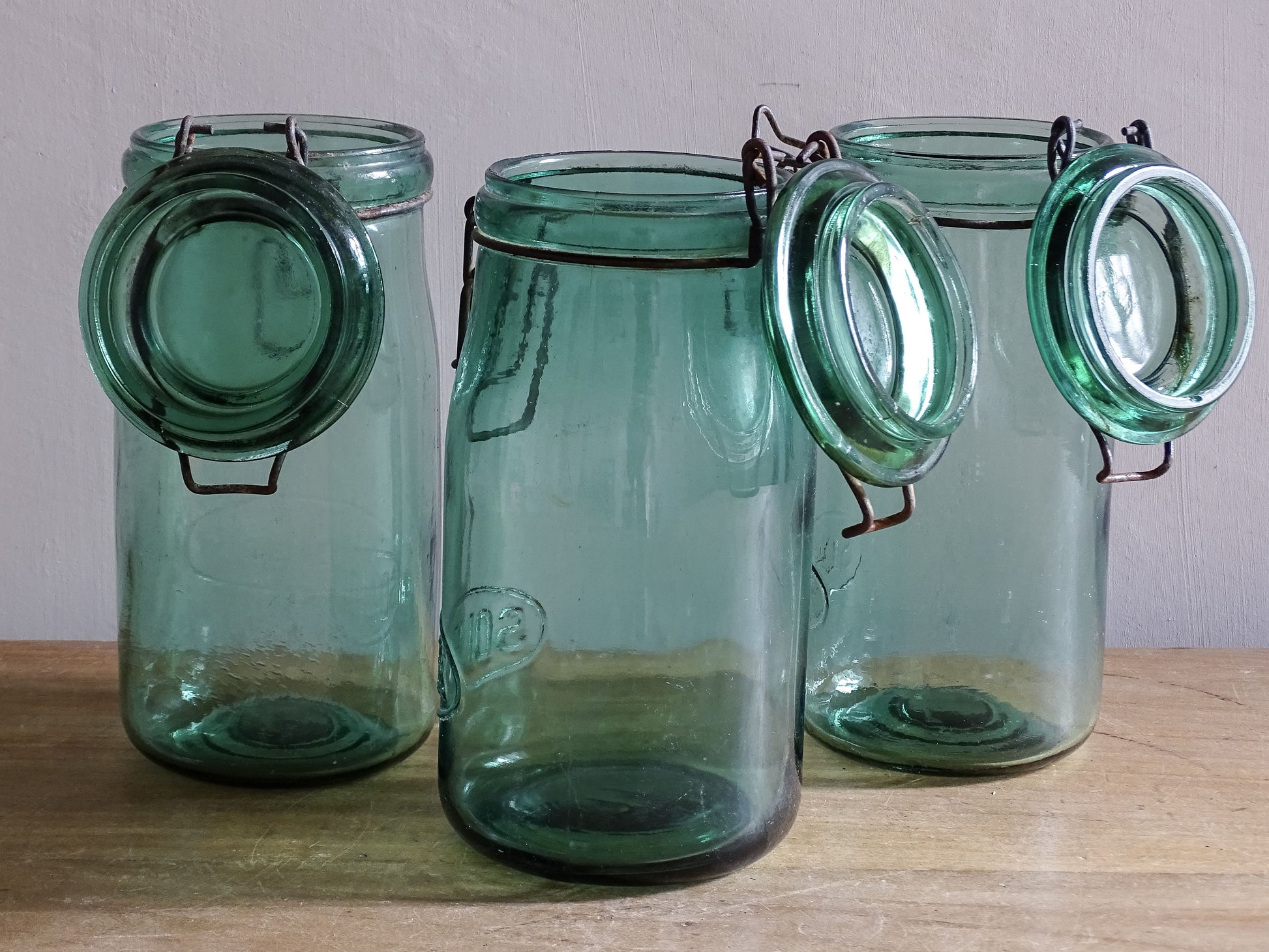 Vintage French kitchen storage jars with embossed SOLIDEX lettering
