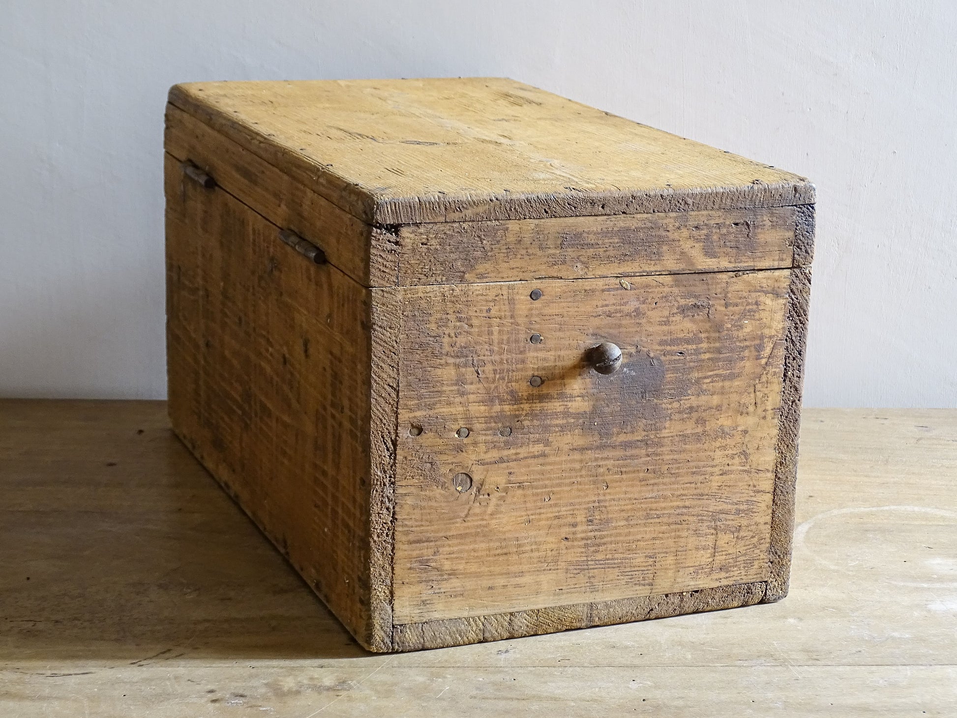 Mid 20th century French wooden box with iron hook closure and divided interior