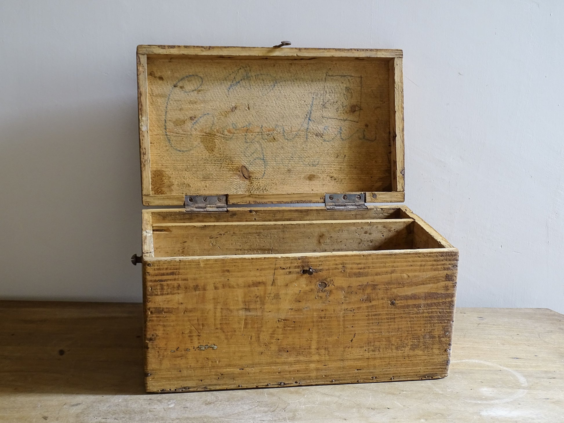 Antique style rustic pine storage box with primitive handmade construction