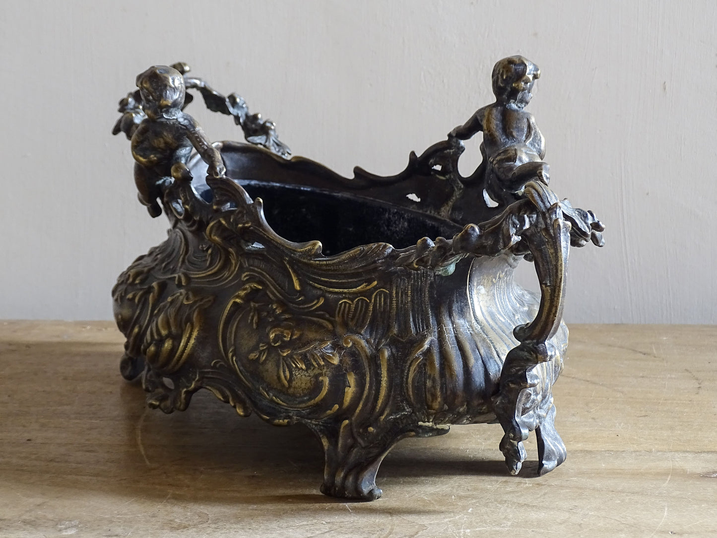 Antique French metal planter with Art Nouveau curves and bronze finish