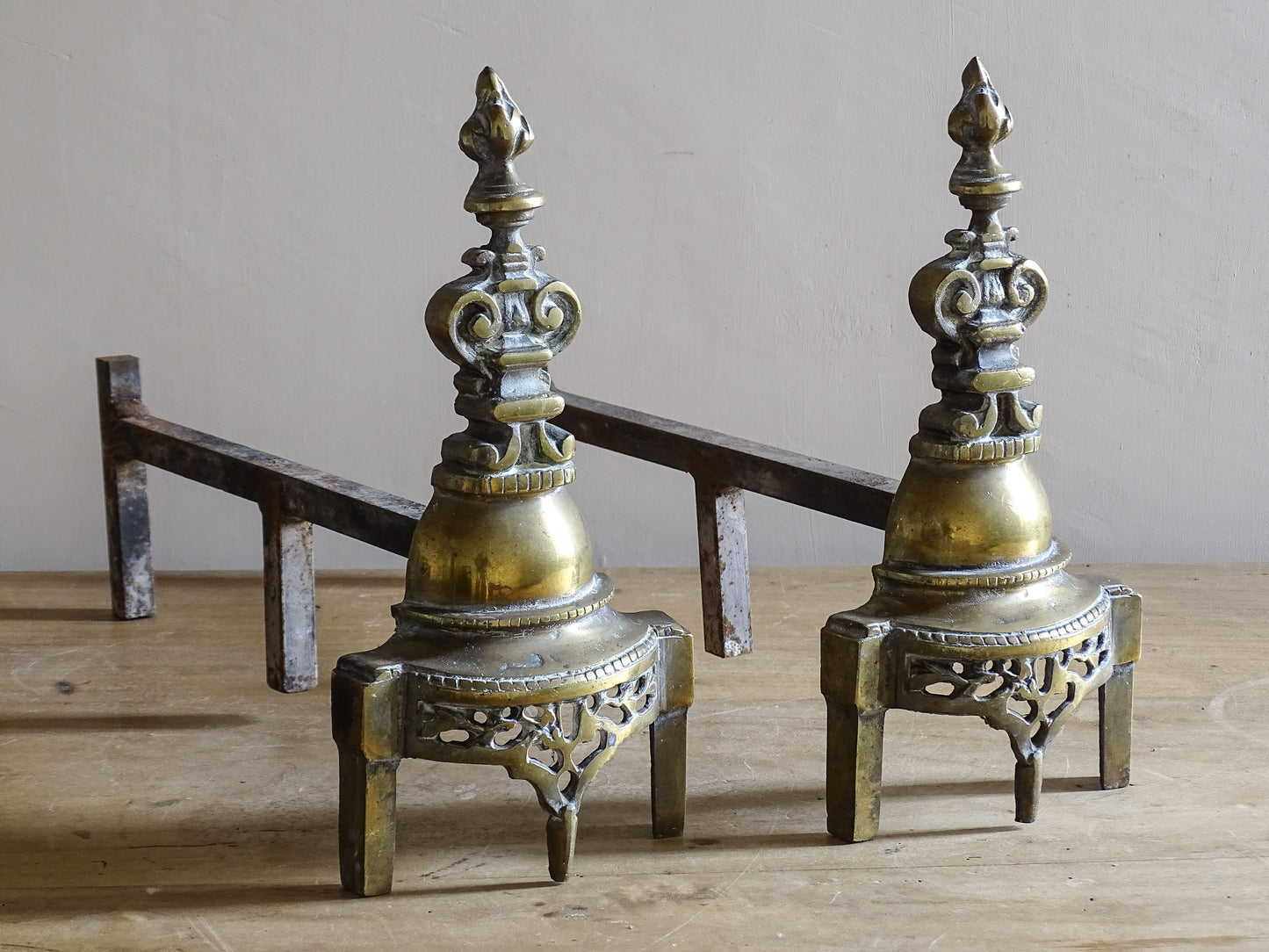Decorative antique brass andirons for French country fireplaces