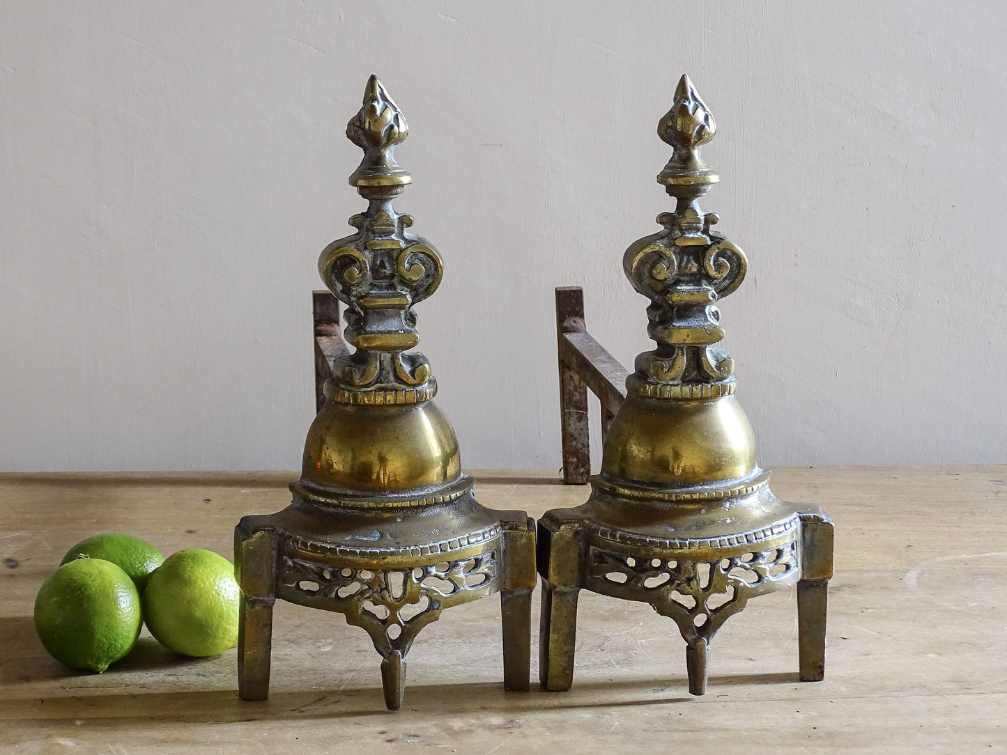 Pair of French antique brass andirons with Gothic Revival finials