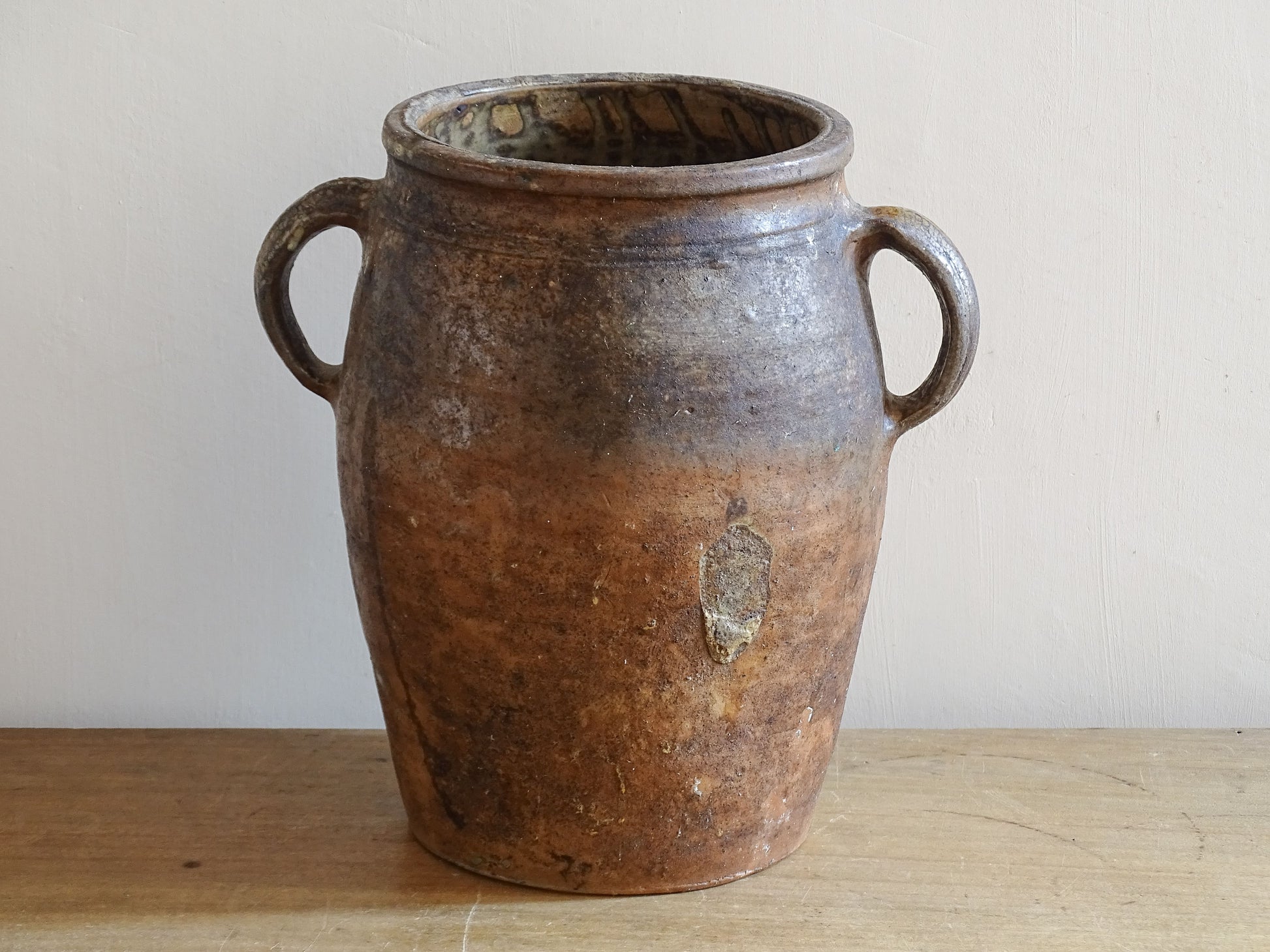 French Antique Earthenware Confit Pot with Two Handles