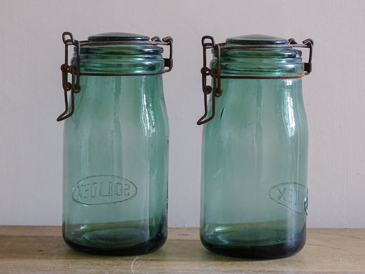 French vintage blue green glass kitchen storage jars with embossed SOLIDEX logo