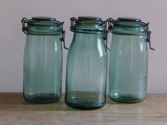 French vintage blue green glass pantry jars with original glass lids