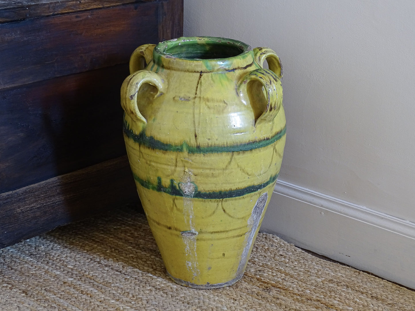 Large Tunisian Glazed Earthenware Amphora Vase with Yellow and Green Decoration 16.1"