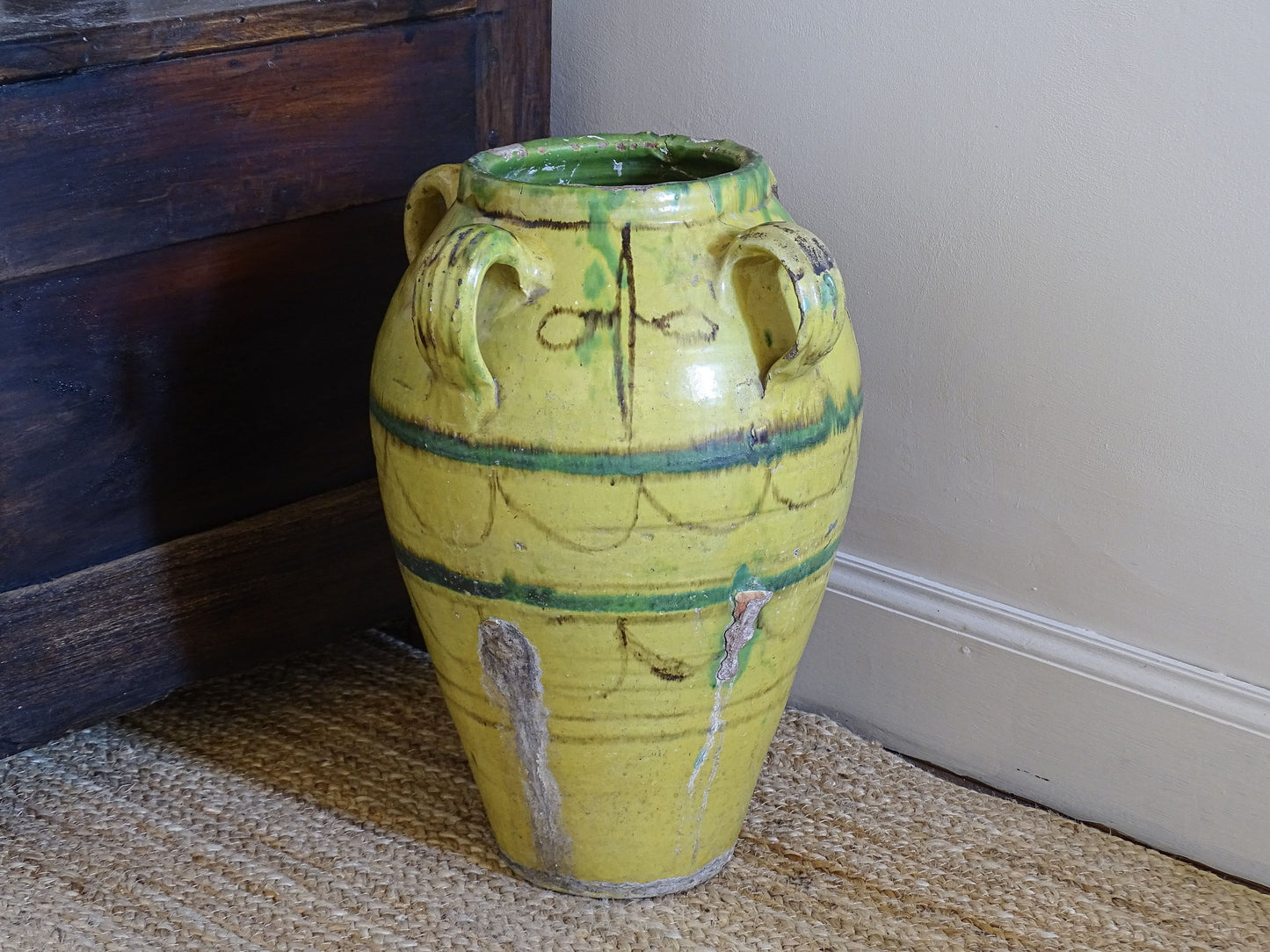 Large Tunisian Glazed Earthenware Amphora Vase with Yellow and Green Decoration 16.1"