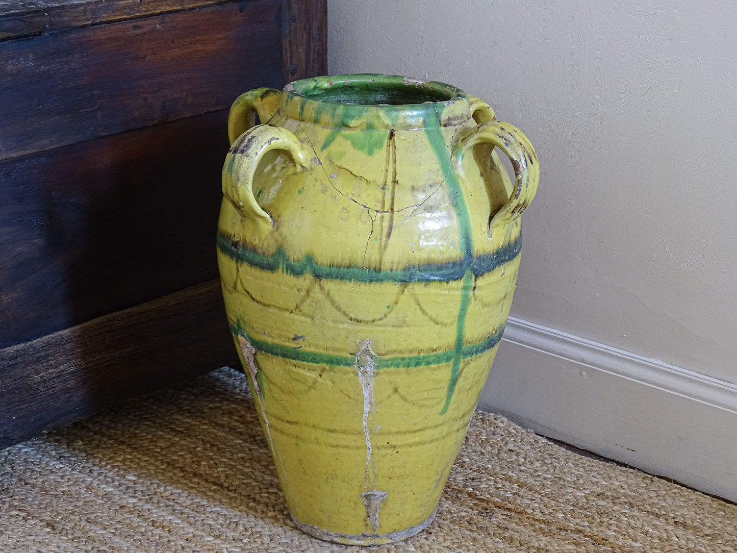 Large Tunisian Glazed Earthenware Amphora Vase with Yellow and Green Decoration 16.1"