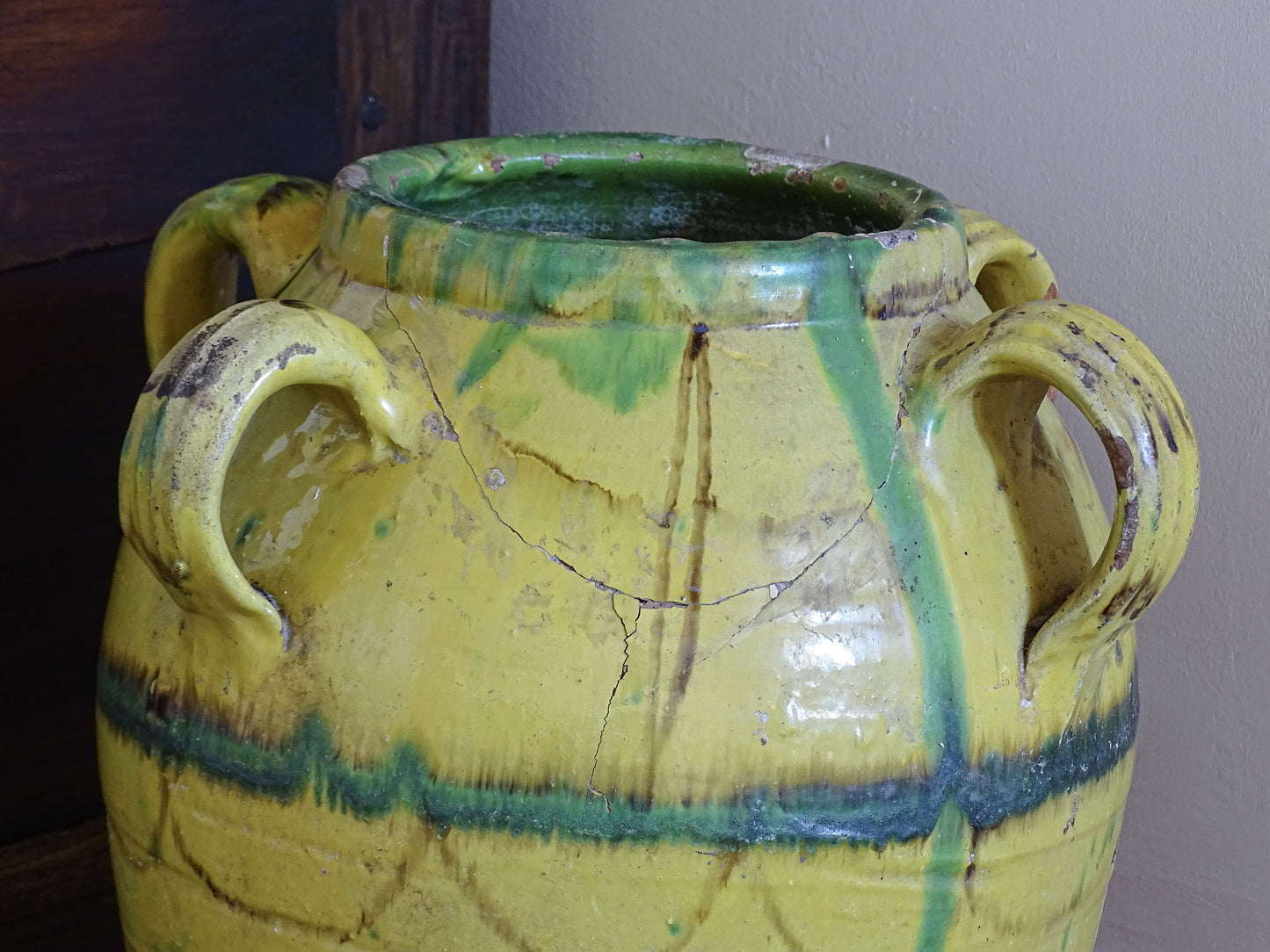 Large Tunisian Glazed Earthenware Amphora Vase with Yellow and Green Decoration 16.1"