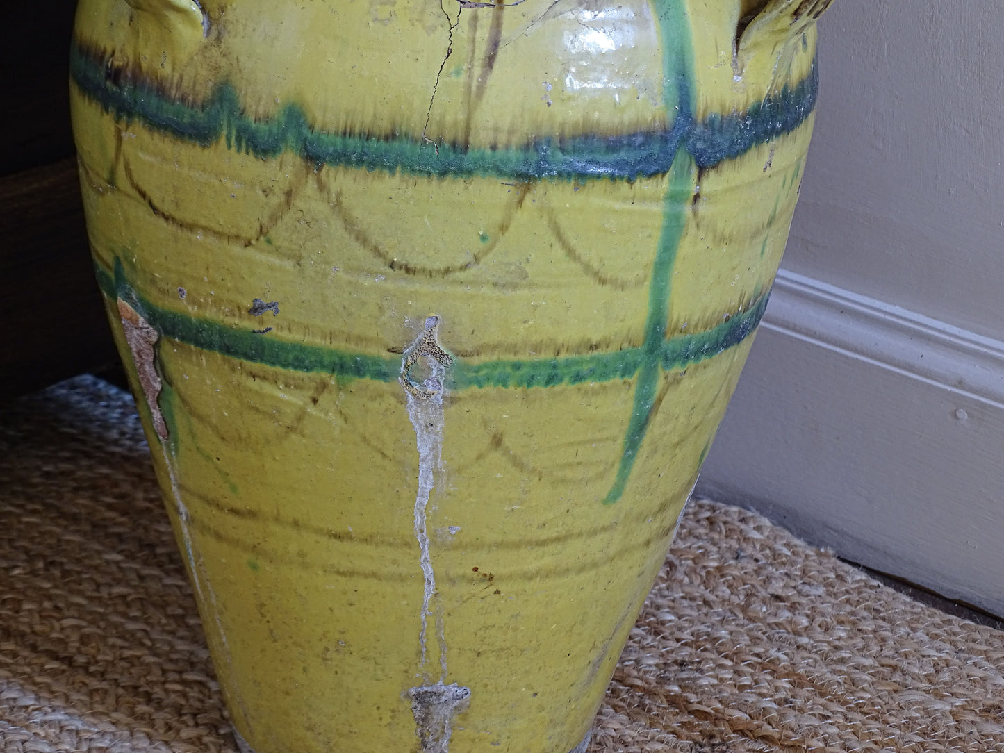 Large Tunisian Glazed Earthenware Amphora Vase with Yellow and Green Decoration 16.1"
