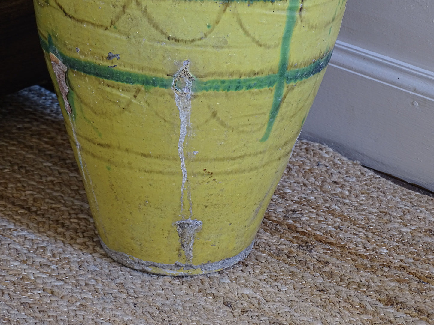 Large Tunisian Glazed Earthenware Amphora Vase with Yellow and Green Decoration 16.1"
