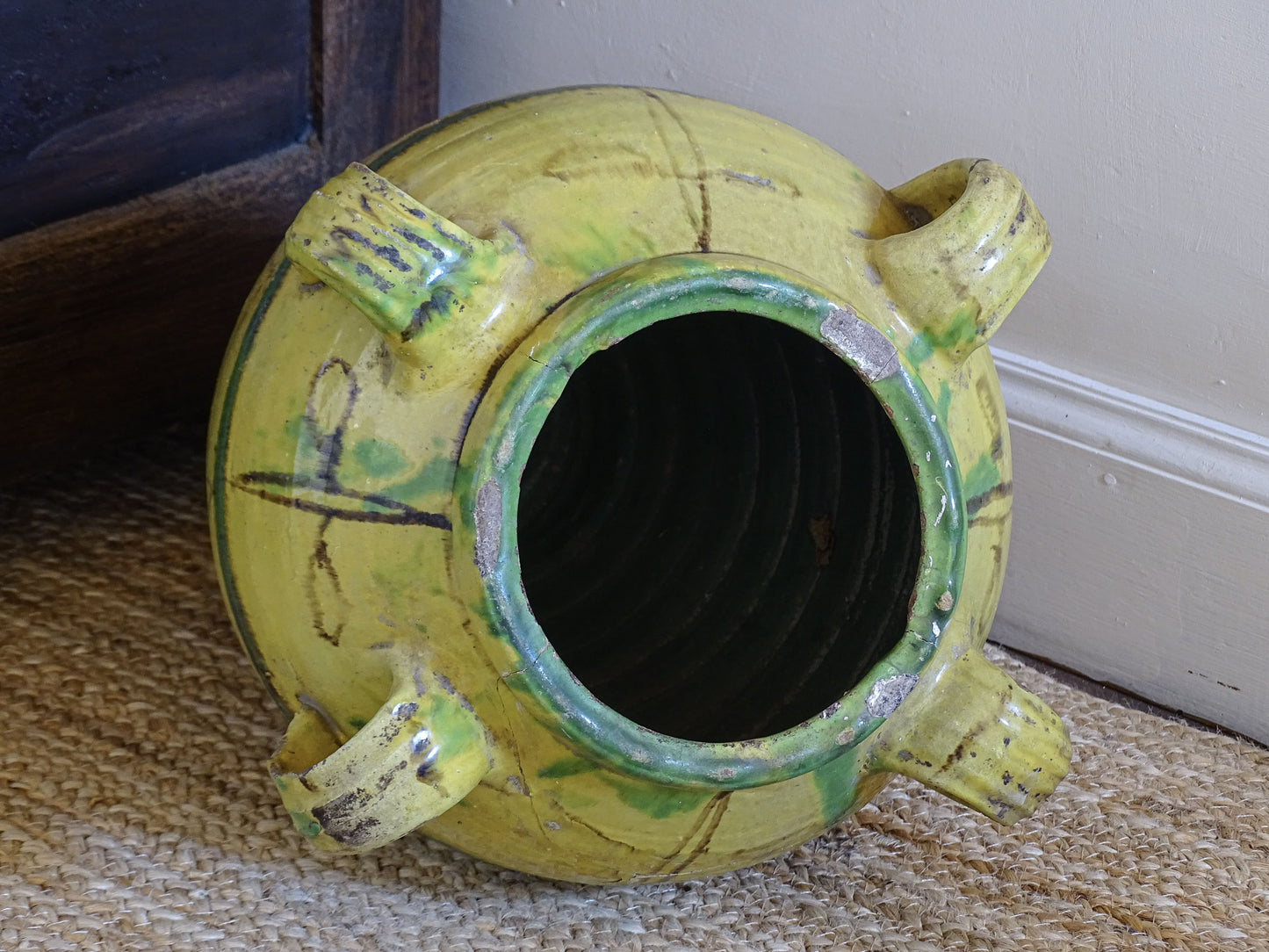 Large Tunisian Glazed Earthenware Amphora Vase with Yellow and Green Decoration 16.1"