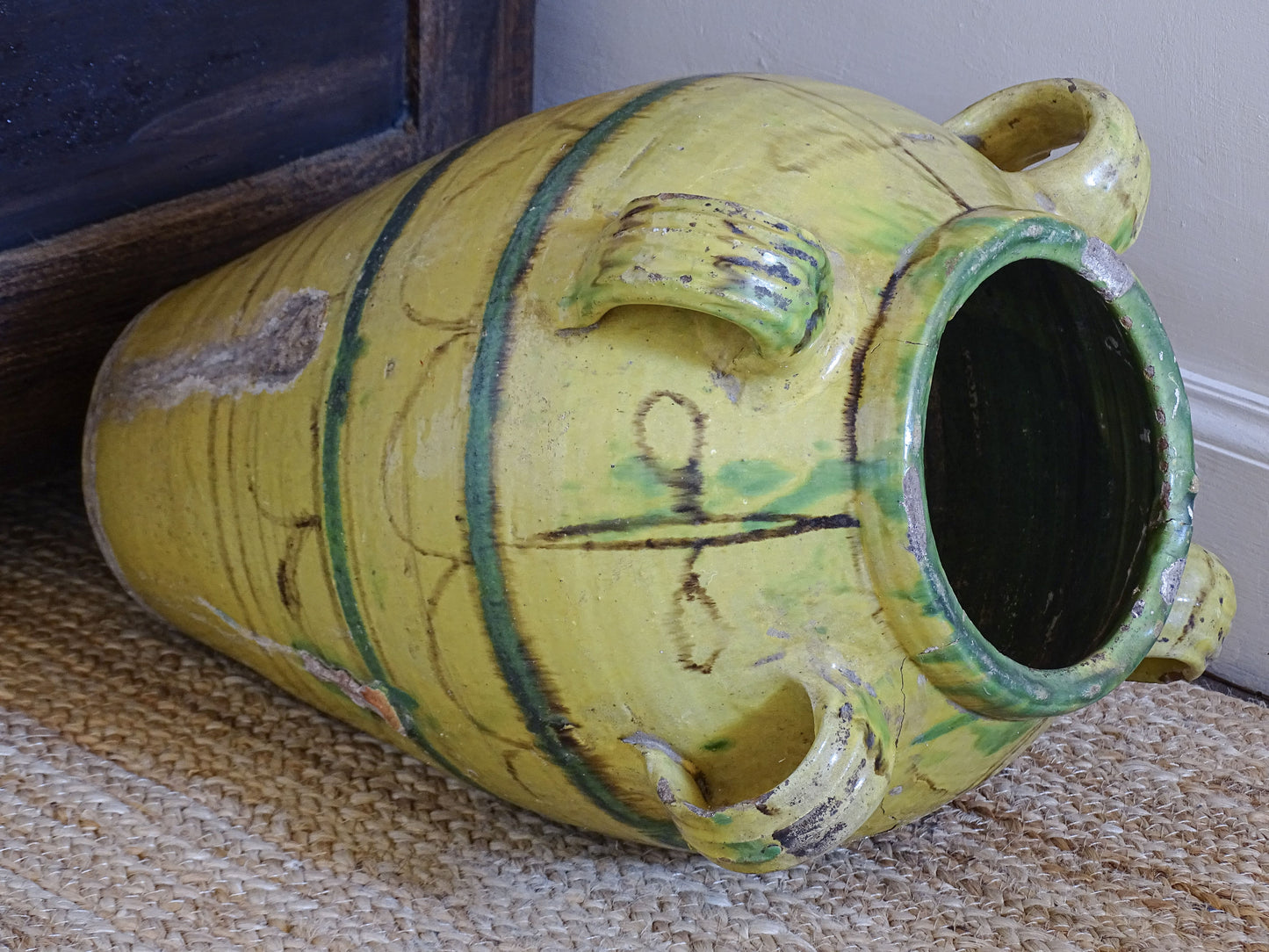 Large Tunisian Glazed Earthenware Amphora Vase with Yellow and Green Decoration 16.1"