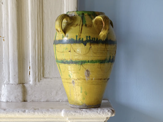 Large Tunisian Glazed Earthenware Amphora Vase with Yellow and Green Decoration 16.1"
