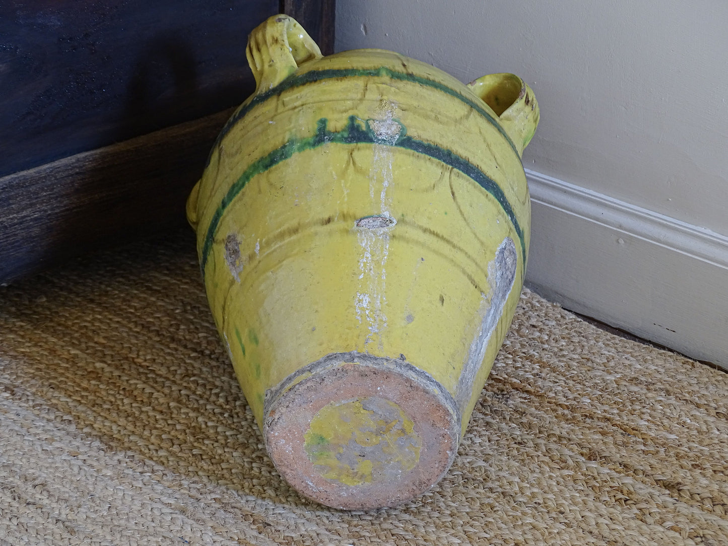 Large Tunisian Glazed Earthenware Amphora Vase with Yellow and Green Decoration 16.1"